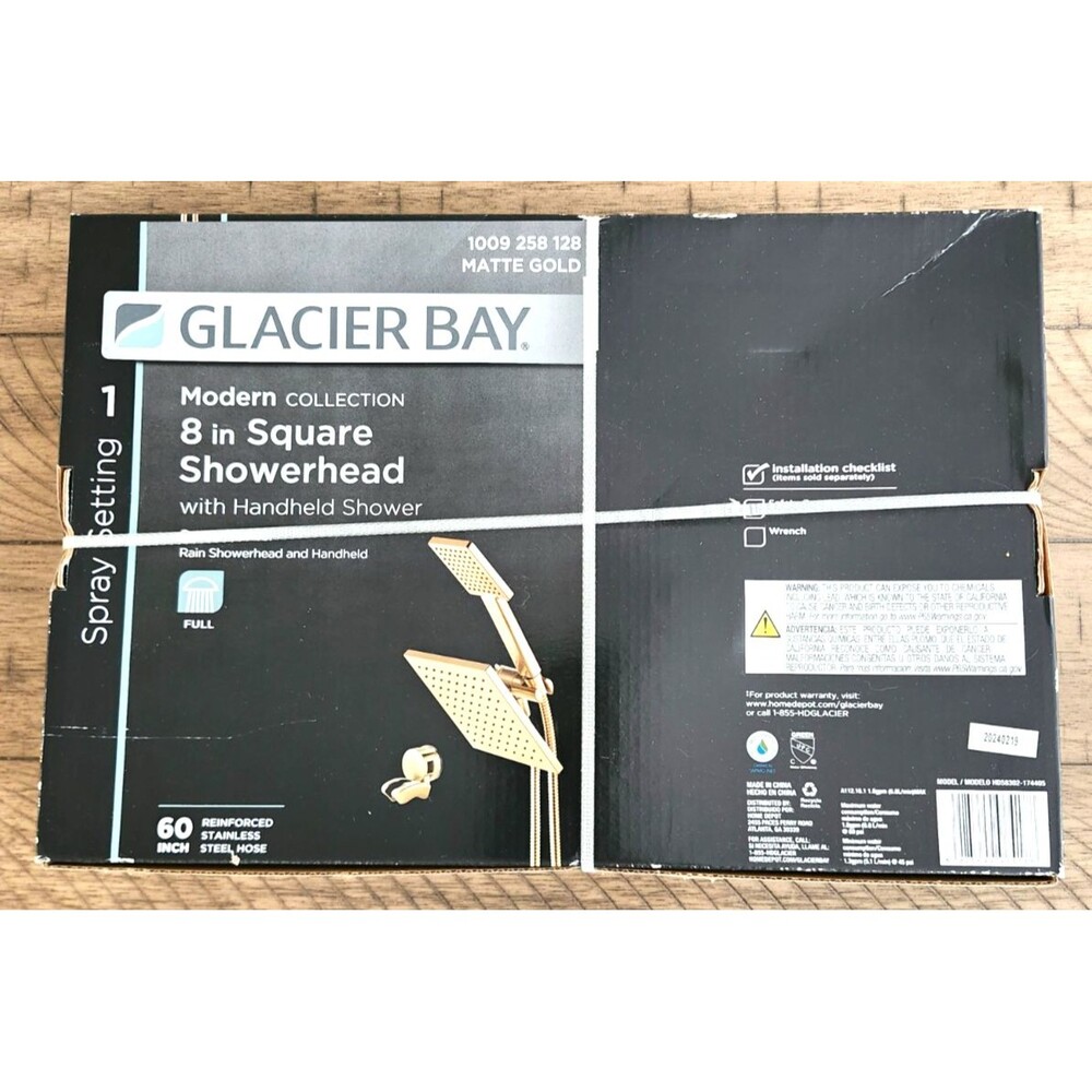 Glacier Bay 8" Square Showerhead with Handheld Shower Matte Gold New Sealed